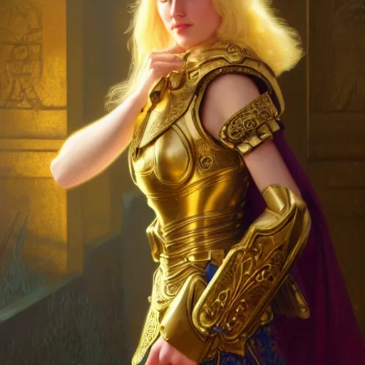 Prompt: of Alice Zuberg, young woman with blonde hair and bangs wearing a golden ornate paladin armor with a blue cloak, dark fantasy, medium shot, intricate, elegant, highly detailed, digital painting, volumetric light, artstation, concept art, smooth, sharp focus, illustration, art by Gil Elvgren and Greg Rutkowski and Alphonse Mucha