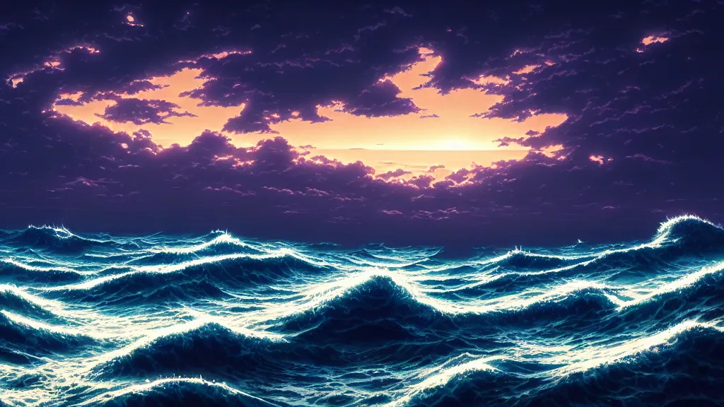 Image similar to highly detailed illustration of high exposure ocean waves at night by makoto shinkai, by oliver vernon, by joseph moncada, by damon soule, by manabu ikeda, by kyle hotz, by dan mumford, by otomo, 4 k resolution