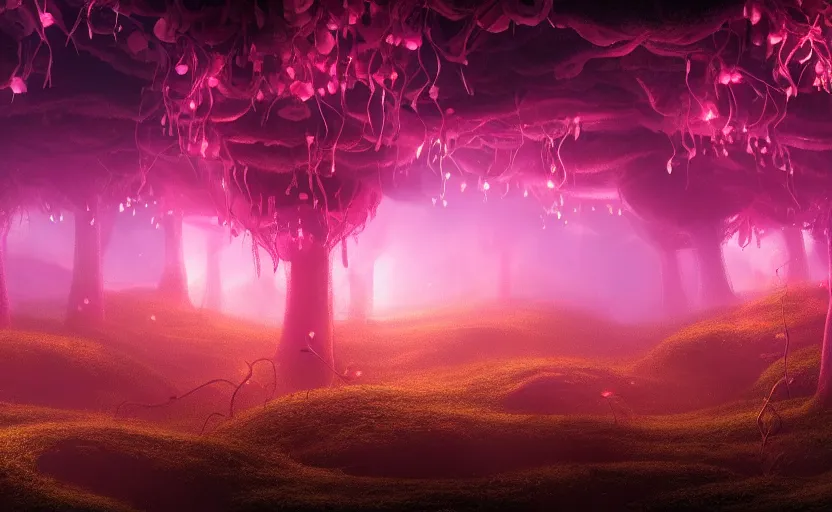 Image similar to a beautiful and stunning professional digital artwork of a glowing mushroom cave, haze, spores floating in the air, vines, night, volumetric lighting, hyperrealistic, rtx on, ultra detail