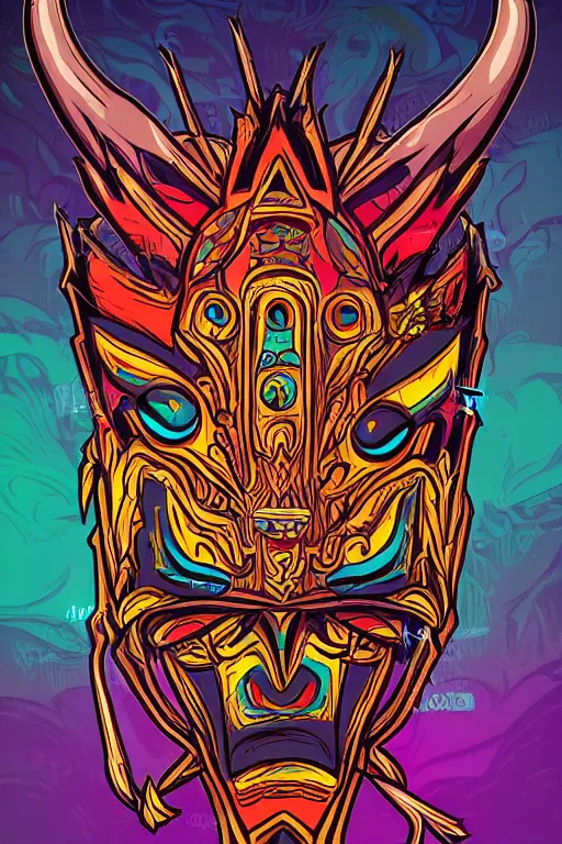 Image similar to totem animal mask tribal feather gemstone plant wood rock shaman vodoo video game vector illustration vivid color borderlands by josan gonzales and dan mumford radiating a glowing aura