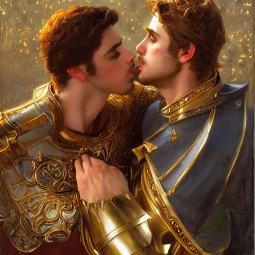 Image similar to attractive male prince fully clothed confesses his love for his attractive male knight fully clothed. highly detailed painting by gaston bussiere, craig mullins, j. c. leyendecker 8 k