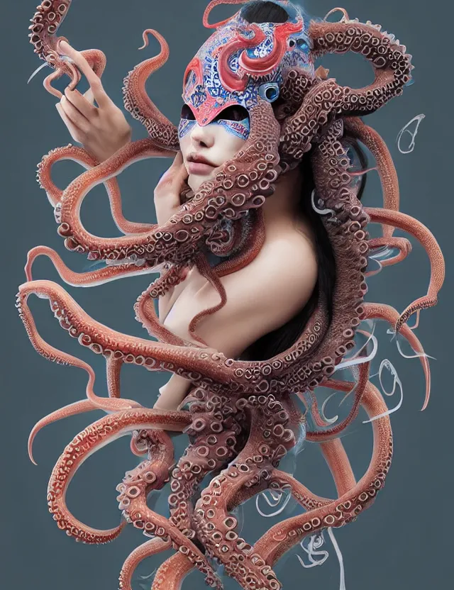 Image similar to 3 d goddess octopus half - turn portrait with long hair with ram skull. beautiful intricately detailed japanese crow kitsune mask and clasical japanese kimono. betta fish, jellyfish phoenix, bio luminescent, plasma, ice, water, wind, creature, artwork by tooth wu and wlop and beeple and greg rutkowski