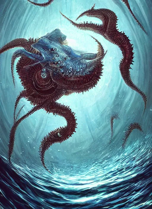 Prompt: a painting of a creature in the water, poster art by chris moore, cg society contest winner, digital art, movie poster, cosmic horror, lovecraftian