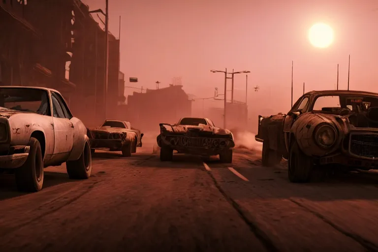 Prompt: mad max fury road film still, racing on a post apocalyptic city street at night, gta 5, fallout 4, rocket league, hyper detailed, forza, smooth, high contrast, volumetric lighting, octane, george miller, jim lee, vibrant rich deep color, comic book, fast and furious, ridley scott