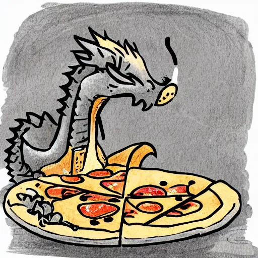 Prompt: A cute cartoon dragon eating pizza