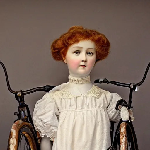 Prompt: close up portrait of a life size victorian doll standing in with a bicycle, 8 k, soft lighting, highly detailed realistic, face in focus 1 8 9 0's liminal