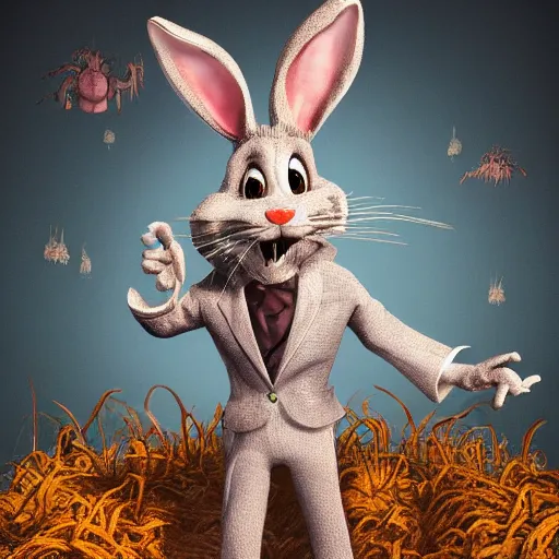 Image similar to A extremely highly detailed majestic hi-res beautiful, highly detailed portrait of a scary terrifying creepy cartoon rabbit standing up wearing pants and a shirt in the style of Walt Disney animation, high textures, hyper sharp, 8k, insanely detailed and intricate