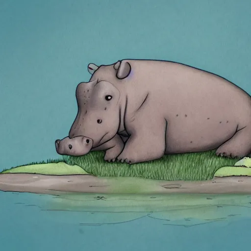 Prompt: sad hippo waking up in a beautiful river landscape, drawn by erin stead, trending on artstation