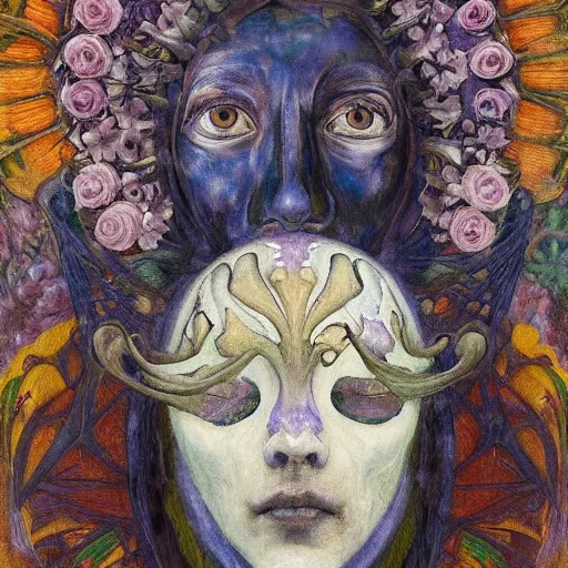 Image similar to masterpiece painting of a facemask made of flowers, by annie swynnerton and jean delville and tino rodriguez and diego rivera and adolf wolfli, flower mask, flower shaman, spooky dark psychedelic, art brut, symbolist, dramatic lighting, god rays, elaborate geometric ornament, clean crisp graphics, soft cool colors, smooth sharp focus, extremely detailed