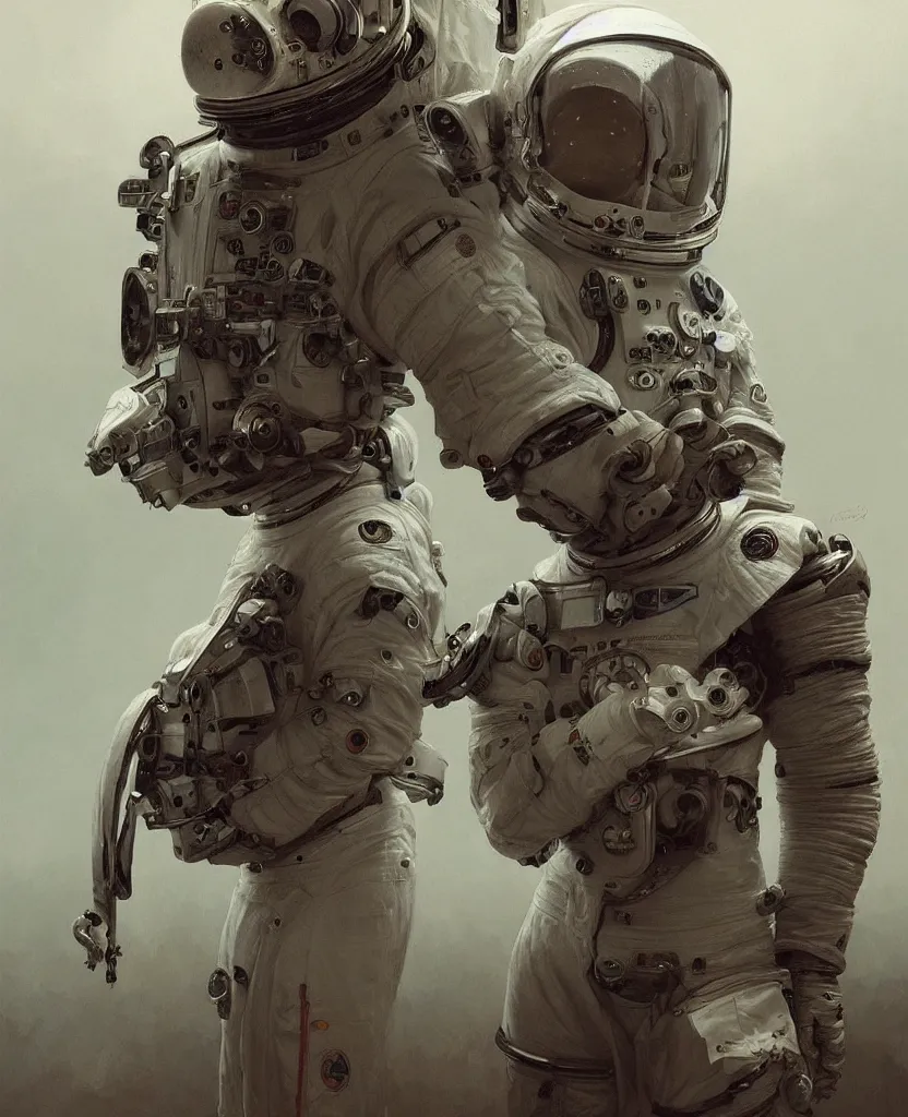 Image similar to realistic photography of an alive deformed, double headed astronaut wearing torn space suits, scared face behind the snoopy cap, deep focus, intricate, elegant, highly detailed, foggy, misterious, digital painting, artstation, concept art, matte, sharp focus, art by artgerm and greg rutkowski and alphonse mucha