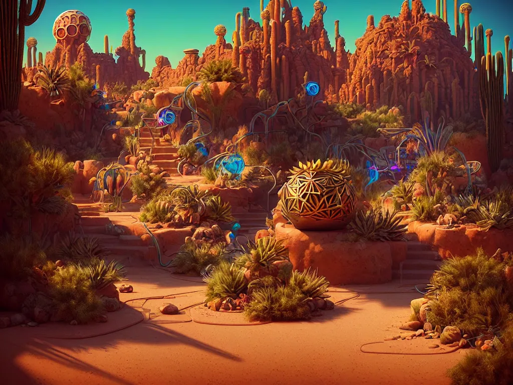 Image similar to 80s outdoor retro arcade, desolate, desert oasis vegetation:: beeple and James Gilleard and Justin Gerard :: ornate, dynamic, particulate, intricate, elegant, highly detailed, centered, artstation, smooth, sharp focus, octane render, 3d