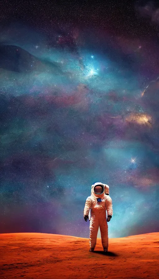 Image similar to an astronaut looking at the horizon of a starry sky, on an alien planet, cinematic, dramatic, color grading, photojournalism, colorful, highly detailed