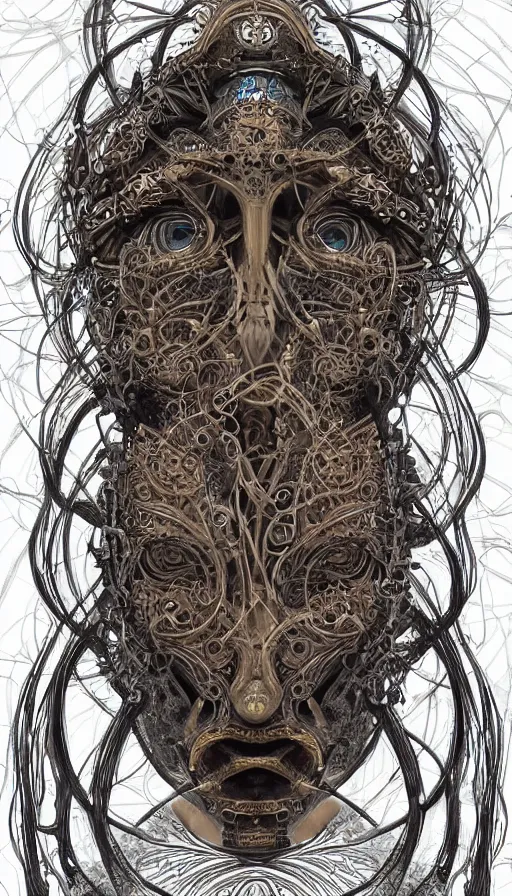 Prompt: ancient biomechanical hybrid majestic praying shaman fantasy cyber human beautiful symmetrical face mask closeup face mask tattoo pattern golden ratio concept, deep forest psytrance Neo-Gothic concept, infinity glyph swirling waves, intricate artwork masterpiece, very coherent artwork, cinematic, full frontal facial features by Artgerm, Takato Yamamoto, Zdizslaw Beksinski, Johnatan Wayshak, Moebius, H.R. Giger, Ayami Kojima, very coherent artwork, trending on cgsociety, ultra high quality model, production quality cinema model, high detail chromatic ink outline, octane render, unreal engine, 8k mandelbulber fractal, hyper realism, high detail, octane render, unreal engine, 8k, High contrast, highly detailed black ink outline