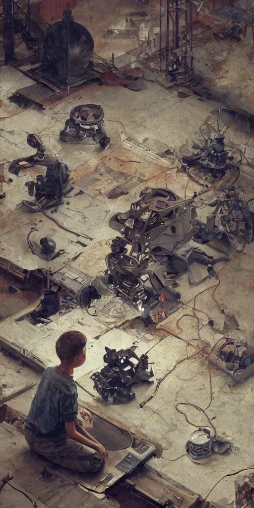 Image similar to a boy fixing his robot, part by Norman Rockwell, part by Greg Rutkowski , part by Mattias Adolfsson, high angle, ((volumetric lighting)), oil on canvas