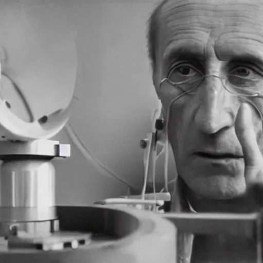 Prompt: filmstill of Marcel Duchamp working on a futuristic machine, long exposure, historical epic composition, in the style of Hito Steyerl and Andreï Tarkovski, archival pigment print