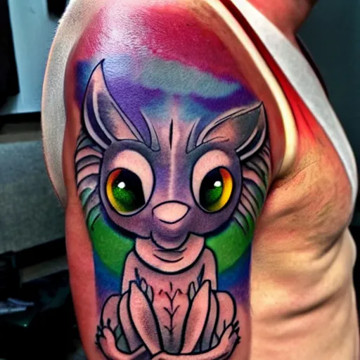 Prompt: shoulder tattoo of a multicolored hallucinating cute bush baby, eyes are rainbow spirals, meditative, surrounded with colorful magic mushrooms and rainbowcolored marihuana leaves, insanely integrate