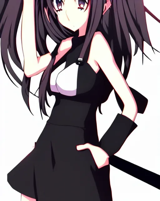 Image similar to female action anime girl, black dress, action, symmetrical faces and eyes symmetrical body, middle shot waist up, airplane hanger background, Madhouse anime studios, Black Lagoon, Wit studio anime, 2D animation