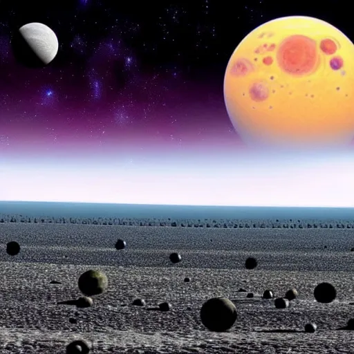 Image similar to a thousand different sizes separate moons in the skies of an alien planet