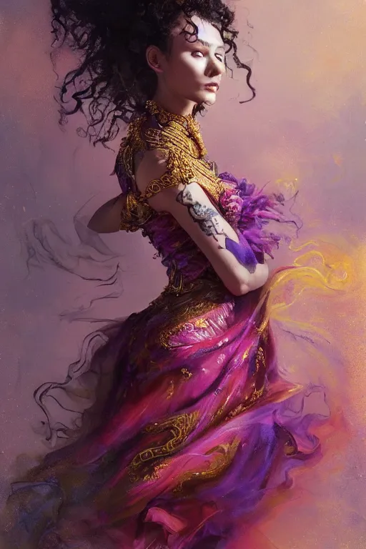 Prompt: an epic painting of a 1 9 years old girl figure, curly messy high bun hairstyle, oriental tattoos, subject wearing a gold and ruby high fashion gown, flowing, ornate, beautiful, dramatic earth colors, with few vivid purple highlights, symmetrically isometrically centered, by jeremy mann and greg rutkowski, artstation, oil on canvas