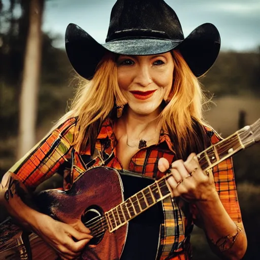 Image similar to a female fox animal, wearing cowboy hat, wearing plaid shirt, playing guitar, inside a barn, album cover style