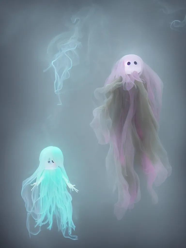 Image similar to cute fumo plush smiling ectoplasmic gothic jellyfish ghost girl waving in deep fog over mysterious waters, reflective river bank in the midst of a forgotten forest, glowing pink wisps of hazy green smoke and eerie blue volumetric fog swirling about, moonlight, glowing lens flare, black and white, refraction, vray