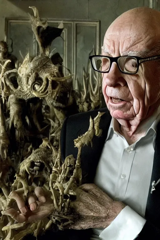 Image similar to !!! rupert murdoch!!! with!! a million eyes!!, photorealistic, cinematic lighting, highly detailed, very intricate, by guillermo del toro