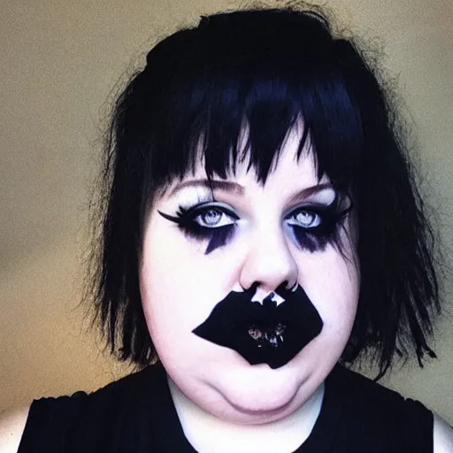 Image similar to a fat goth girl, teenage, selfie, grunge,