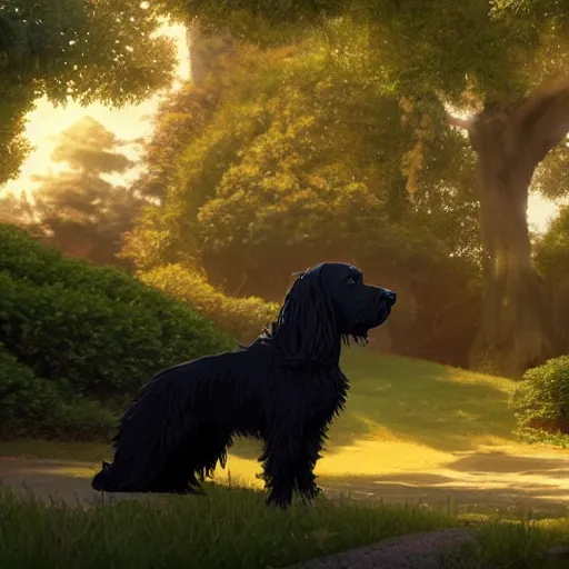 Prompt: a wholesome animation key shot of a black cocker spaniel, studio ghibli, pixar and disney animation, sharp, rendered in unreal engine 5, anime key art by greg rutkowski, bloom, dramatic lighting