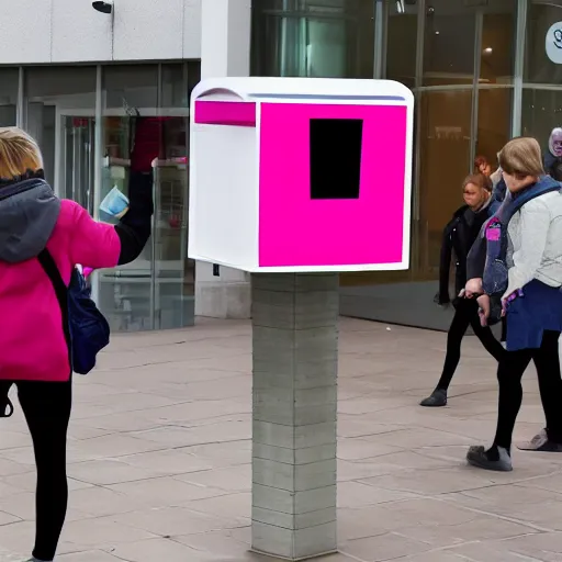 Prompt: a pink letter box with human legs running around in a shopping center