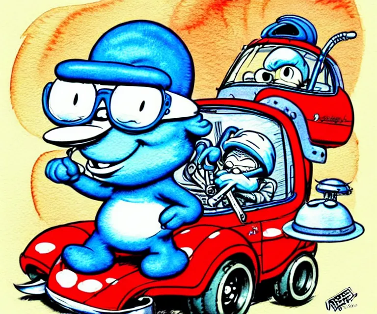Prompt: cute and funny, papa - smurf, wearing a helmet, driving a hotrod, oversized enginee, ratfink style by ed roth, centered award winning watercolor pen illustration, isometric illustration by chihiro iwasaki, the artwork of r. crumb and his cheap suit, cult - classic - comic,