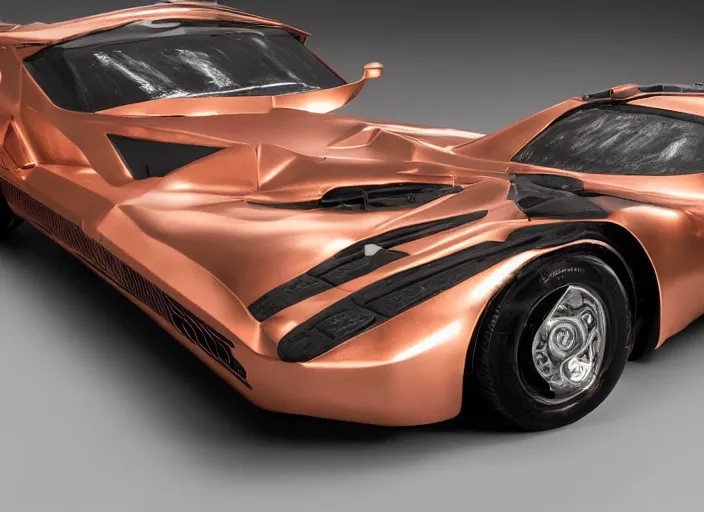 Image similar to wide view shot of a copper colored car with some black and white paint, designed by dmc and gmc, style by john berky and liam wong and michael whelan.