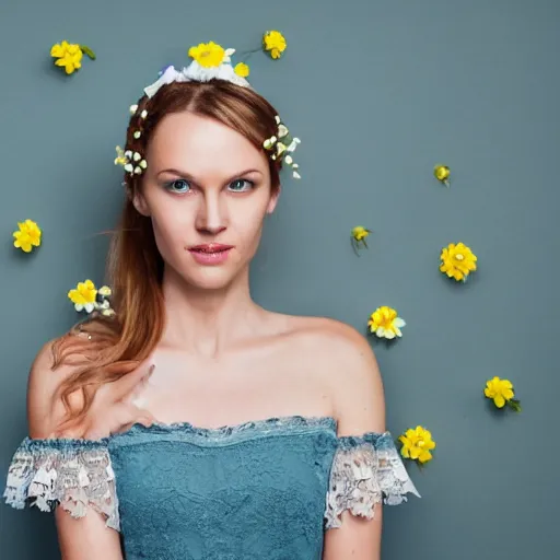 Image similar to a portrait of beautiful nordic woman wearing a white folkdrakt dress. wearing headband of small yellow flowers. teal blue background