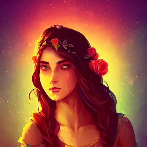 Image similar to beautiful charming goddess of sunshine and roses, character art portrait, deviantart artstation, by alena aenami, by michael whelan, behance hd, bokeh