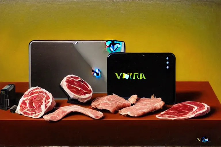 Image similar to a vanitas painting depicting an NVIDIA RTX A100 GPU, graphics card and a smartphone as well as packaged meat