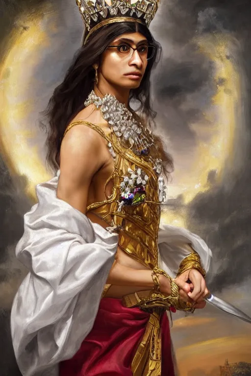 Prompt: Gorgeous full-body renaissance portrait of Mia Khalifa as a queen of fantasy kingdom with Crown of thorns on his head, front view, gold, artstation, very beautiful, luxurious, impressive, soft light, by Anthony van Dyck and Daniel Gerhartz