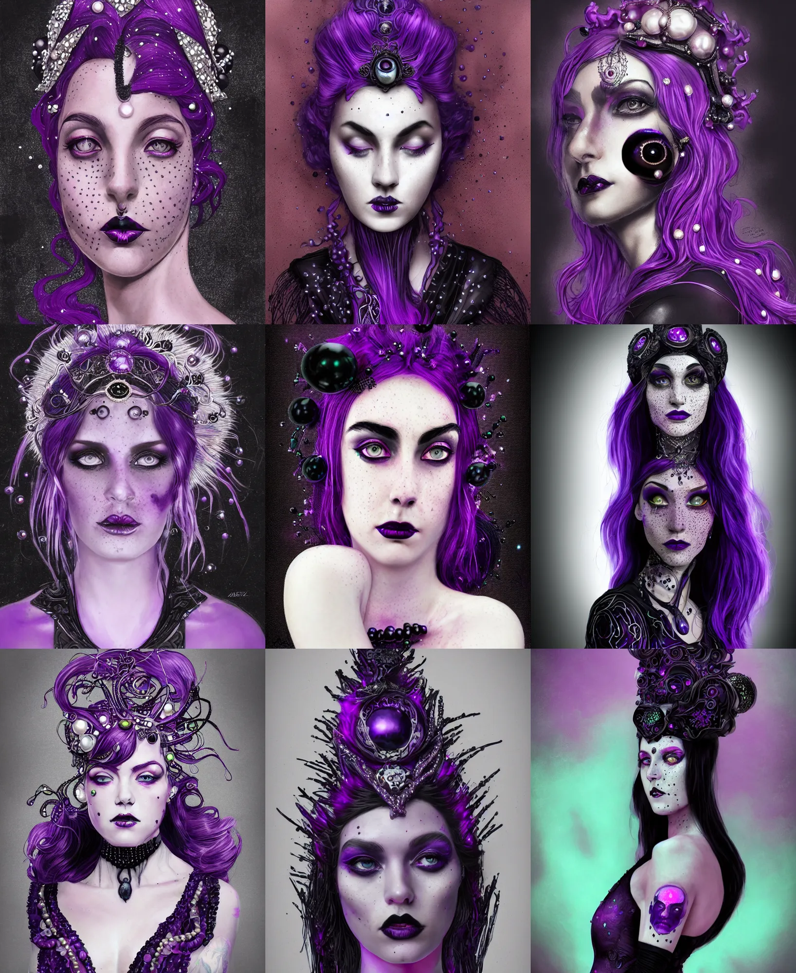 Prompt: Purple girl with purple hair in black dress, black art nouveau style headdress, black pearls, black gems, glowing eyes, light freckles, portrait, biomech, concept art, medium shot, unreal, octane, symmetrical, photorealism