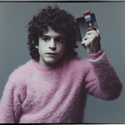 Prompt: old photo of oscar isaak in pink fluffy sweater, 8 0 - s, polaroid photo, by warhol,