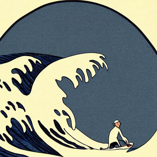 Image similar to detailed illustration, a elderly man surfing in the style of the great wave off kanagawa,