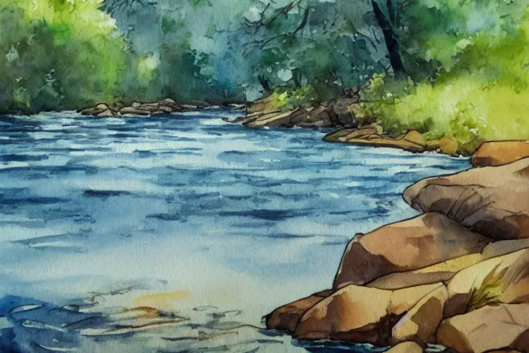 Image similar to river summer watercolor pen light color on artstation