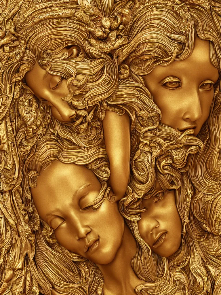 Image similar to relief sculpture carving in gold of beautiful women, hyperrealistic, ultrarealistic, intricate details, 4k, unreal 5, digital art