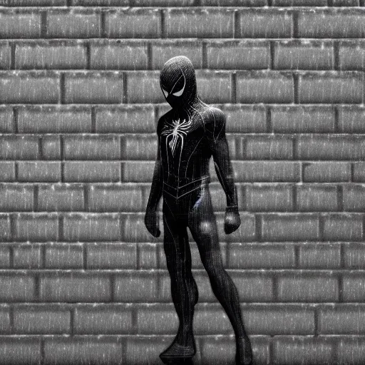 Prompt: Spiderman standing under rain with ,mellow , dramatic, sad ambience,. Wallpaper