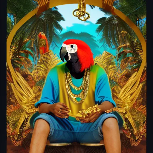 Image similar to parrots dressed in golden rings, necklaces and with caps on head, rapping and sitting on golden trees, rap scene, jungle concept art, trending on artstation, highly detailed, digital art, 8 k