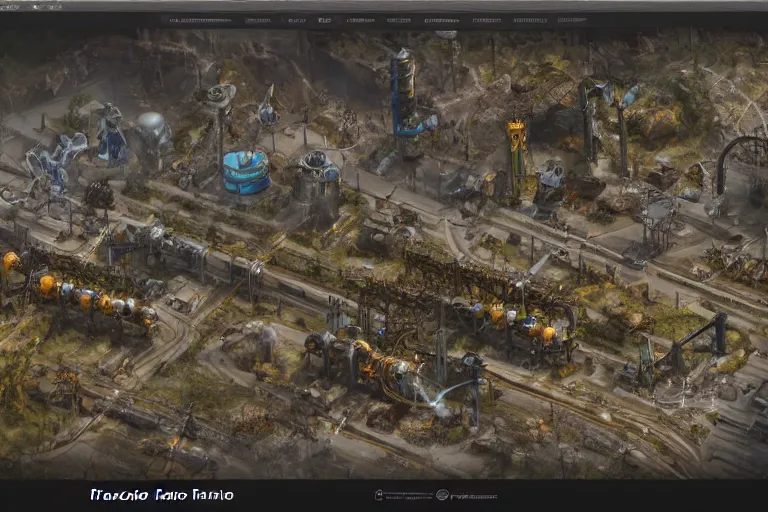 Image similar to factorio, art by den beauvais and rudolph belarski and thomas kidd, trending on artstation, iridescent lighting product view blueprint, narrative realism, featured on artstation, unreal engine 5, brocade
