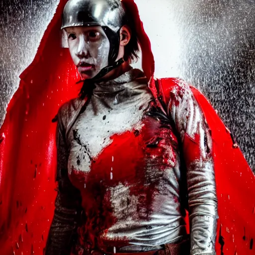 Prompt: a young female soldier wearing blood-spattered glossy sleek white dinged scuffed armor and a long torn red cape, standing in a rainy jungle, heroic posture, determined expression, elegant, battle weary, no helmet, dramatic lighting, cinematic, sci-fi, hyperrealistic, detailed