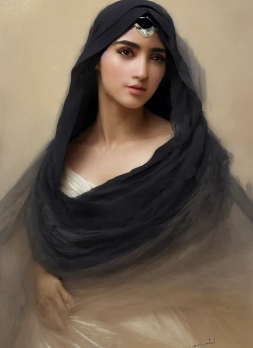 Image similar to arab modern tanned Ameera al-Taweel, blue eyes, wavy black hair, white veil, intricate, elegant, highly detailed, artstation, concept art, sharp focus, ruan jia, jurgens, orientalism, bouguereau