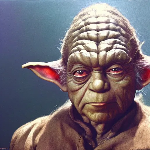 Image similar to ultra realistic portrait painting oftommy lee jones as yoda, art by frank frazetta, 4 k, ultra realistic, highly detailed, epic lighting