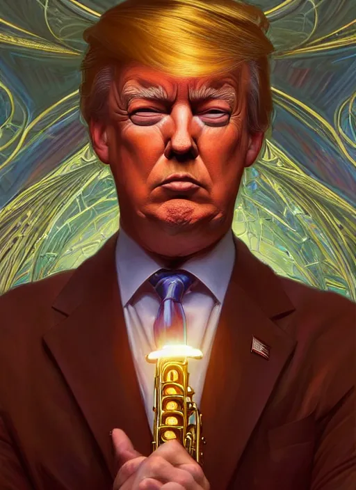 Prompt: symmetry!! portrait of donal trump as a jazz player, glowing lights!! intricate, elegant, highly detailed, digital painting, artstation, concept art, smooth, sharp focus, illustration, art by artgerm and greg rutkowski and alphonse mucha