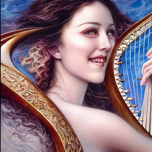 Image similar to a beautiful harp manipulating water by karol bak, ayami kojima, artgerm, river, water, blue eyes, smile, concept art, fantasy