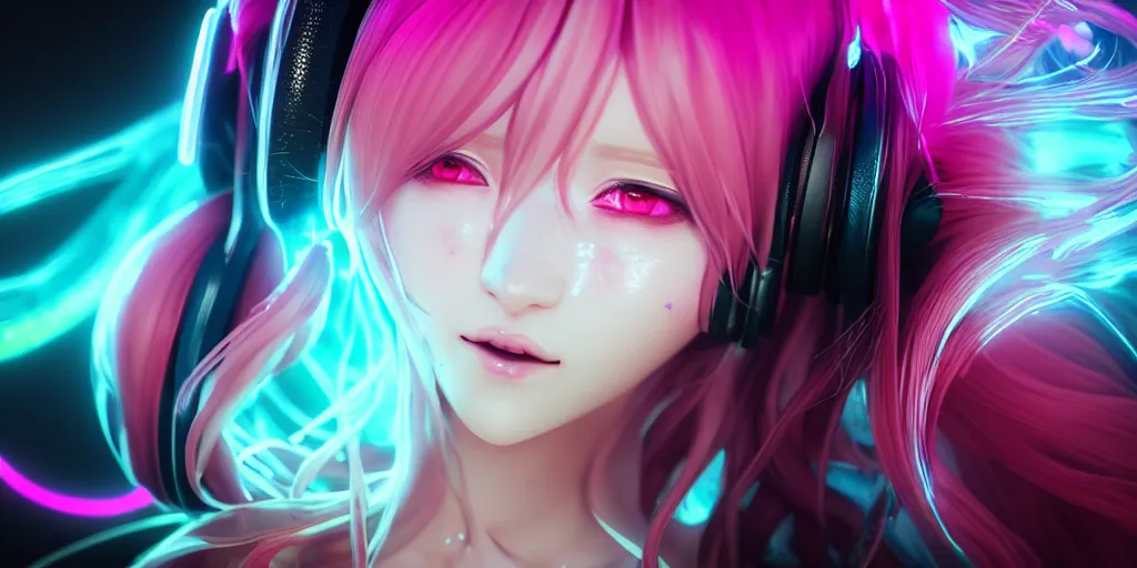 Prompt: beautiful portrait of a woman with pastel long hair floating in the air with her eyes closed facing the camera centered with studio headphones on in the style of a code vein character, momo from twice in code vein in the style of WLOP, artgerm, yasutomo oka, rendered in unreal engine and redshift octane , background is surrounded by epic neon glitch effect digital art dynamic dramatic lighting, soft lighting, imagine fx, artstation, cgsociety, by Bandai Namco artist,