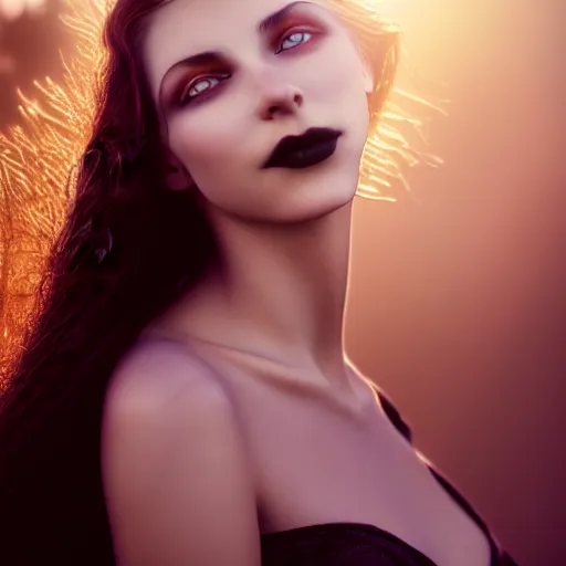 Image similar to photographic portrait of a stunningly beautiful gothic smiling alluring female in soft dreamy light at sunset, god rays, contemporary fashion shoot, by edward robert hughes, annie leibovitz and steve mccurry, david lazar, jimmy nelsson, breathtaking, 8 k resolution, extremely detailed, beautiful, establishing shot, artistic, hyperrealistic, beautiful face, octane render